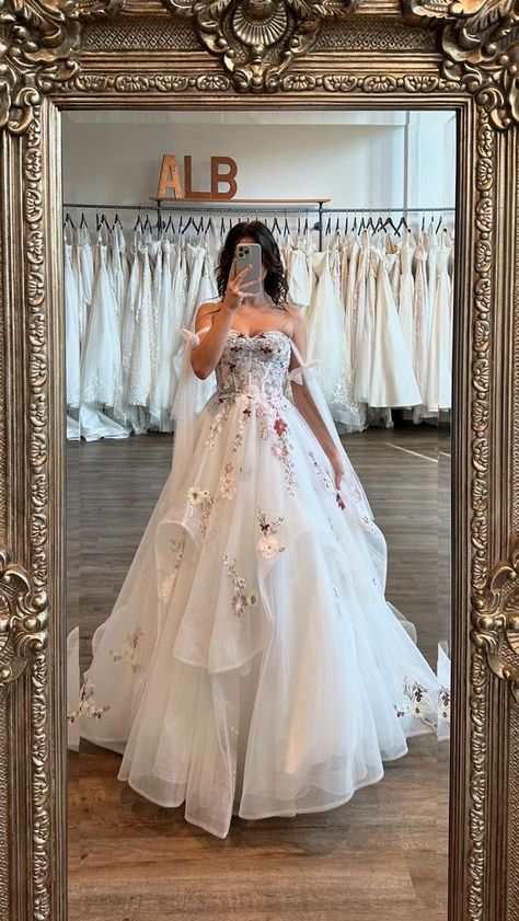 Wedding Dress With Some Color, Colorful Corset Wedding Dress, Wedding Dresses Pop Of Color, Wedding Dress Floral Applique Color, Wedding Dress With Hint Of Color, Wedding Dress With Coloured Flowers, Wedding Dresses With Colorful Flowers, Long Floral Wedding Dress, Colour Floral Wedding Dress