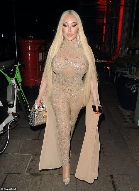 Wow: Jessica Alves demanded attention on Thursday evening as she showcased her jaw-dropping curves in a full length bodysuit Full Length Bodysuit, London Night Out, Jessica Alves, Sparkly Bodysuit, Thursday Evening, London Night, Night Out, Full Length