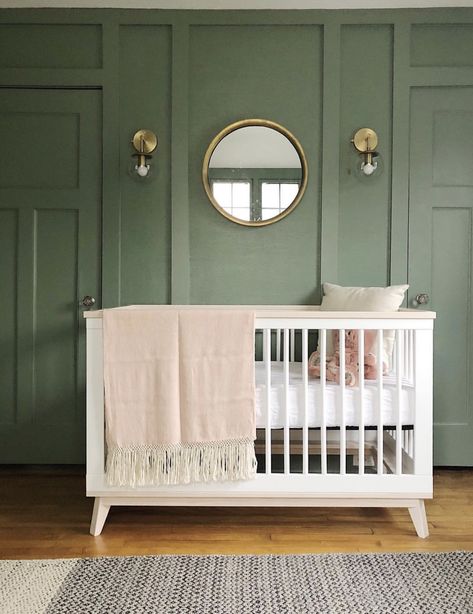 Privilege Green by Sherwin Williams Nursery Paint Colors, Nursery Accents, Nursery Accent Wall, Nursery Trends, Stylish Nursery, Nursery Modern, Green Nursery, Green Paint Colors, Nursery Paintings