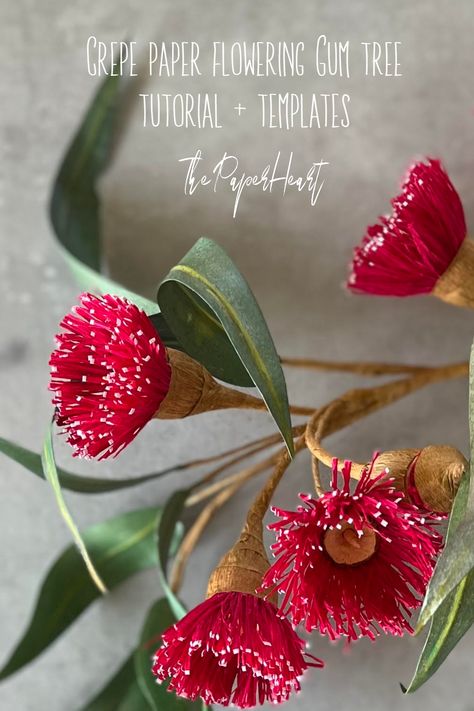 Eucalyptus branch with green leaves and red flowers, made from crepe paper and copy paper Paper Christmas Flowers, Paper Eucalyptus Diy, Christmas Paper Flowers, Paper Australian Native Flowers Diy, Felt Native Australian Flowers, Crepe Paper Thistle, Crepe Paper Big Flowers, Australian Christmas, Origami Rose