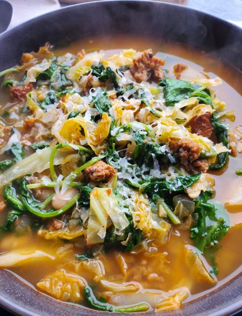 Italian White Bean Cabbage Sausage Soup, Cauliflower Sausage Kale Soup, Kale And Sausage Soup Healthy, Kale Cabbage Soup, Cabbage Soup With Italian Sausage, Sausage Cabbage Soup Crockpot, Cabbage And Kale Soup Recipes, Cabbage Kale Soup, Kale And Cabbage Soup