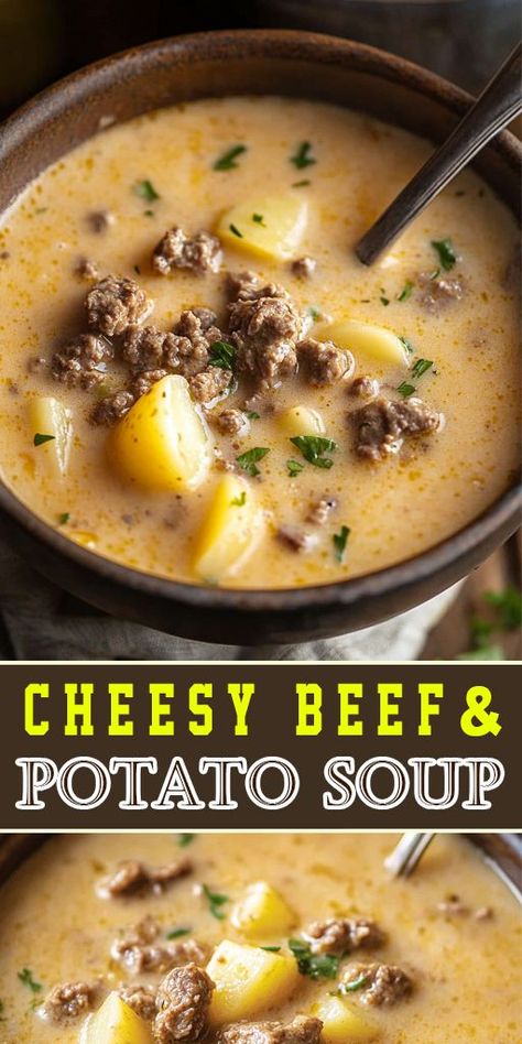 🌟 Looking for a cozy dinner idea? Try this Cheesy Beef and Potato Soup – creamy, delicious, and ready in just one pot! 🥄 #FamilyFavorites #BeefAndPotatoSoup #QuickMeals Beef And Potatoes Stew, Mexican Beef And Potato Soup, Beef And Broccoli Soup Recipes, Potato Soup With Protein, Easy Soup Recipes Instant Pot, Beef And Potatoes Crock Pot, Potato And Beef Recipes, Beef Potato Soup, Beef And Potatoes Recipes