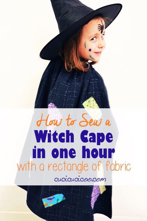 Beginner sewists can learn how to sew a witch cape with a rectangle of fabric in just 1 hour! All you need are basic sewing skills, black fabric, scraps and some ribbon! #diywitchcostume #diyhalloweencostume Witch Cape, Diy Projects For Adults, Diy Cape, Cape Pattern, Diy Costumes Kids, Fall Sewing, Basic Sewing, Handmade Costumes, Diy Halloween Costume