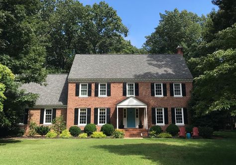 before photo of brick house with black shutters to be painted white Houses With Black Shutters, Brick Colonial House Exterior, Painted Brick Houses, Brick Colonial House, White Painted Brick, Brick Farmhouse, Painted Brick Exteriors, Colonial House Exteriors, Brick Houses