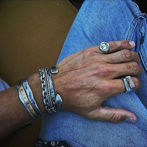 BUCK PALMER on Instagram: "Clean , sleek and Rustic. Silver jewelry made for the masculine man, adventurous spirits and Mavericks who live outside the box. #Buckpalmer #Rusticluxe #cleansleekrustic #silver #premiummetals #metalsforthemodernmavericks #choosethebest #mensjewelry #mensfashion" Men With Bracelets, Silver Jewellery Men, Buck Palmer, Jewellery Men, Masculine Man, Men Jewellery, Bohemian Style Men, Rustic Bracelet, Man Bracelet