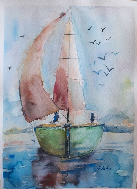 Sailboat Painting Watercolor, Abstract Watercolor Tutorial, Sailboat Watercolor, Coastal Watercolor, Beach Art Painting, Learn Watercolor Painting, Watercolor Art Landscape, Sailboat Art, Watercolor Paintings For Beginners