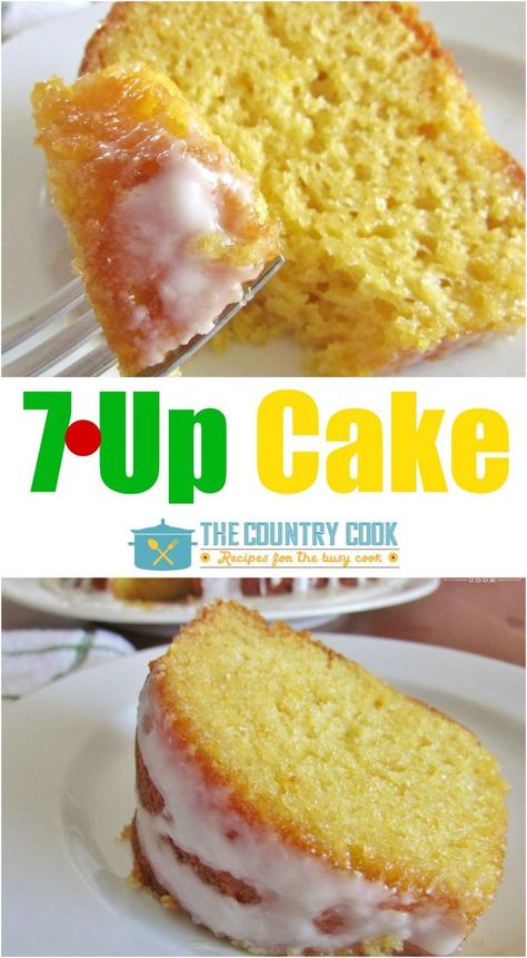 7Up Cake recipe from The Country Cook is a soft, spongy cake that has a lemony flavor and the most amazing icing drizzled on top! Seven Up Cake, 7 Up Pound Cake, 7up Cake Recipe, 7up Cake, 7 Up Cake, Up Cake, Dessert Simple, Country Cook, 7 Up