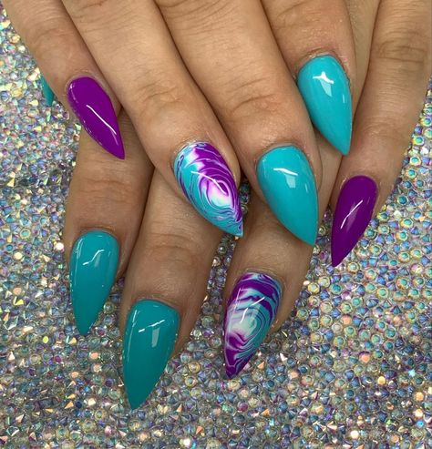 Purple And Lime Green Nails, Purple And Teal Nails Designs, Funky Spring Nails, Purple And Turquoise Nails, Almond Nail Designs Trending Now, Purple And Teal Nails, Teal Nail Ideas, March Nail Designs, Rockabilly Nails