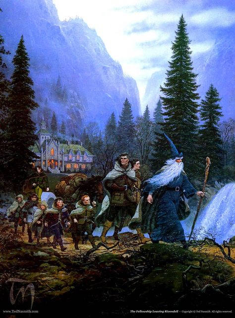 The Fellowship Leaving Rivendell, by Ted Nasmith Ted Nasmith, Tolkien Artwork, Tolkien Illustration, John Howe, Hobbit Art, Middle Earth Art, Tolkien Books, Tolkien Art, Lotr Art