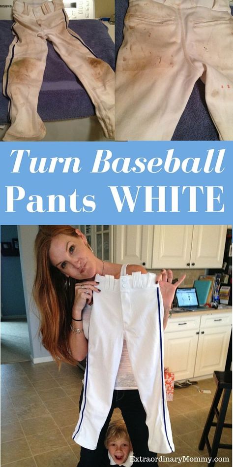 How to Clean Baseball Pants: Turn Baseball Pants White - simple solutions here - (Softball Pants too) ExtraordinaryMommy.com Clean Baseball Pants, Baseball Stains, Baseball Softball Mom, Travel Ball, Baseball Videos, Baseball Tips, Baseball Ideas, Bat Design, T Ball