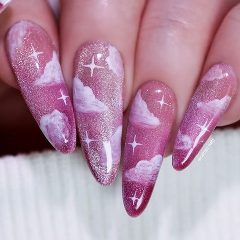 Nail Designs With Magnet, Star Galaxy Nails, Cool Nails Almond, Pink Sky Nails, Dreamy Pink Nails, Sunrise Nail Art, Nail Art Designs Spring, Pink Galaxy Nails, Pink Cloud Nails