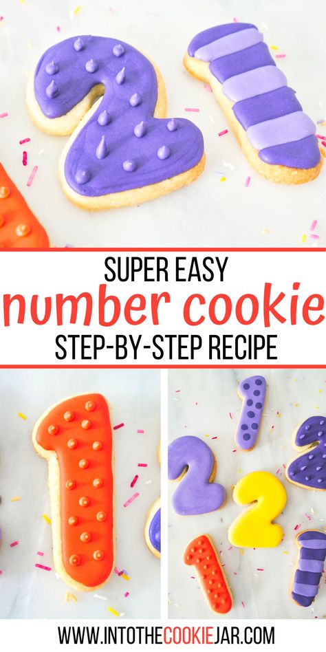 Enjoy this guide on making number cookies, including how to decorated number cookies with royal icing, how to make the cookie dough for number cookies, and how to decorate royal cookies with stripes and dots. These are some of the cutest decorated cookies around. 13 Cookies Number, Number 1 Cookies First Birthdays, Number Cookies Royal Icing, Birthday Cutout Cookies, Number One Cookies, Decorate Letters, Sugar Cookie Recipe For Decorating, Number Cookies, Royal Cookies