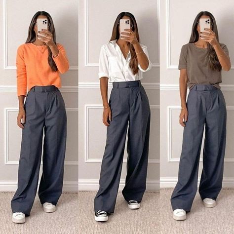 Casual Outfits With Slacks Women, Gray Pleated Pants Outfit, Dark Gray Wide Leg Pants Outfit, Outfits With Grey Slacks Women, Women Slacks Outfit Casual, Dark Grey Dress Pants Outfit Women, Office Outfit Summer 2023, Charcoal Gray Pants Outfit, Slacks And Tshirt Outfit Women