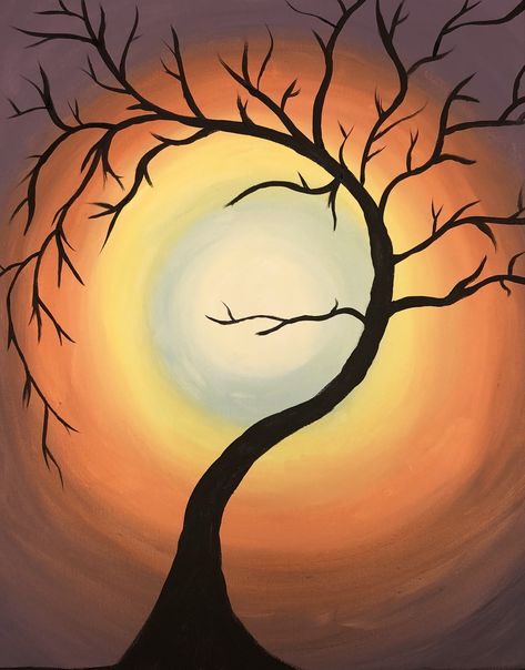 Spooky Sunset Painting, Autumn Silhouette Art, Halloween Sunset Painting, October Painting Ideas, Halloween Paint Night, Western Painting Canvas, Learn Sketching, Halloween Canvas Art, Fall Tree Painting