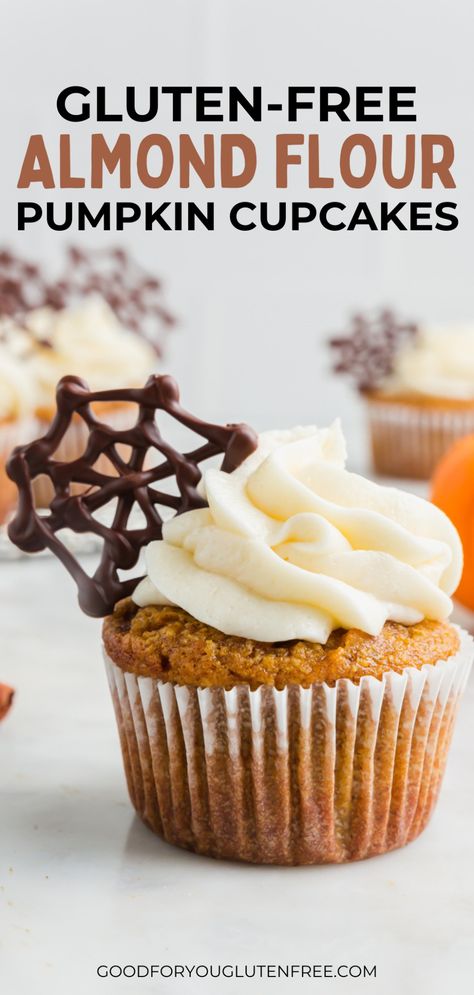 These gluten-free pumpkin cupcakes are made with almond flour, making them intensely moist and delicious. Add a cobweb decoration for a tasty gluten-free Halloween recipe too. #celiacrecipes Pumpkin Almond Flour Recipes, Easy Gluten Free Cupcakes, Gluten Free Halloween Recipes, Almond Flour Pumpkin, Gluten Free Pumpkin Cake, Gluten Free Halloween Treats, Gluten Free Fall Recipes, Gluten Free Pumpkin Recipes, Pumpkin Cupcake Recipes