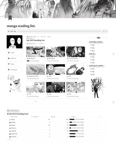 Manga Tracker Notion, Notion Anime Tracker, Carrd Inspo Manga, Black And White Notion Template, Notion Anime List, Notion Aesthetic Black And White, Notion Manga Template, Music Notion Template, Notion Template Ideas Anime