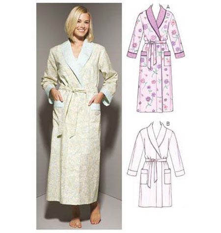 K3644 Robes. Wrap robes have shawl collar, patch pockets with bands, full length sleeves with sleeve bands, and tie belt. View A upper collar, pocket bands, and sleeve bands are from contrast fabric and have piping trim. #kwiksew #mothersday #robepattern Bathrobe Pattern, Dressing Gown Pattern, Gown Sewing Pattern, Kwik Sew Patterns, Womens Bathrobes, Sleeping Dress, Dresses By Pattern, Sewing Fashion, Kwik Sew