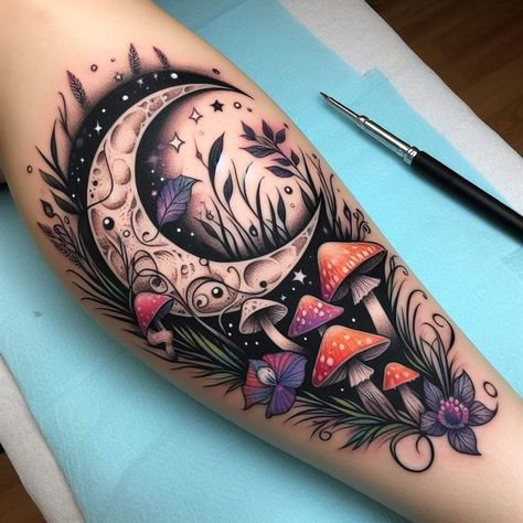 Colored And Black And White Tattoos, Smüt Tattoos, Small Beautiful Tattoos For Women, Moon And Mushroom Tattoo, Witchy Mushroom Tattoo, Partial Color Tattoo, Neo Traditional Moon Tattoo, Mushroom Tattoos For Women, Ghost And Pumpkin Tattoo