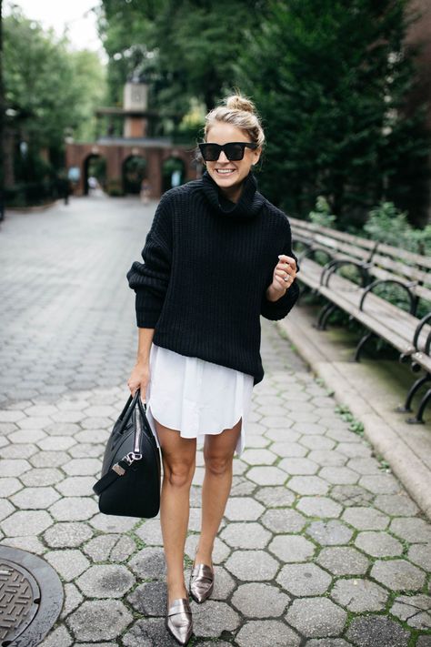 Swim Too Deep Turtleneck Sweater // Black Turtleneck Sweater White Shirt Dress Outfit, Shirtdress Outfit, Styled Snapshots, Silver Loafers, Pijamas Women, Outfit Minimalist, Shirt Dress Outfit, Elegant Fall, Fall Outfits For Work