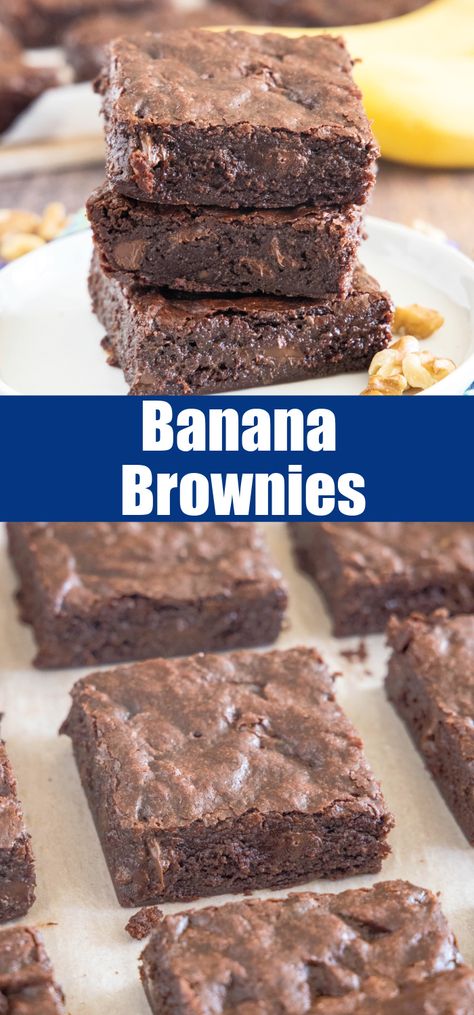 Banana brownies are super fudgy, with crackly tops and subtle banana sweetness in every bite. It's the perfect way to use up a ripe banana! #banana #brownies #dessert Banana Food Ideas, Brownie Recipe With Bananas, Banana Bread Brownies Easy, Old Bananas What To Do With, Banana Brownie Recipe, Recipes With Ripe Bananas, Ripe Banana Recipes, Ripe Banana Recipe, Recipes Using Bananas