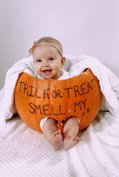 My First Halloween Pumpkin Painting, 1st Halloween Pumpkin Painting, One Year Old Halloween Pictures, Pumpkin With Pacifier, Trick Or Treat Smell My Feet Pumpkin, Halloween Theme Newborn Photos, First Halloween Picture Ideas, Baby Pumkins Ideas, Babies First Halloween Pumpkin