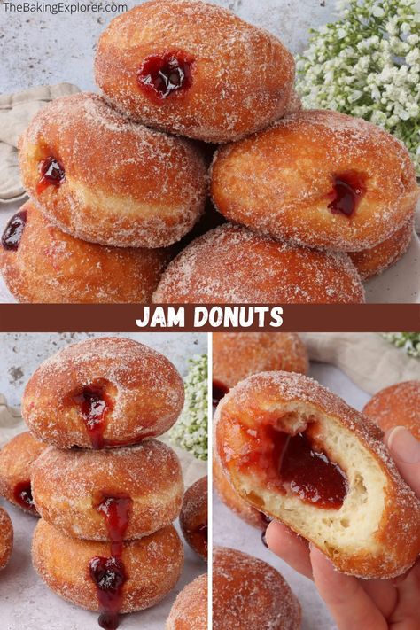 American Donuts Recipe, Donut Recipes Fried, Gourmet Donuts Recipe, Deep Fried Doughnuts Recipes, Jam Donut Recipe, Fried Donuts Homemade, Deep Fried Donut Holes, Deep Fried Donuts Easy, Deep Fried Donut Recipe