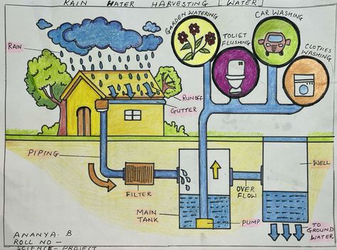 Rain Water Harvesting Project for kids to know tge importance of saving rain water for future How To Save Rain Water, Rainwater Harvesting Drawing, Rainwater Harvesting Poster, Rain Water Harvesting Poster Drawing, Rain Water Harvesting Poster, Water Harvesting Ideas, Rain Water Harvesting Project, Water Harvesting Drawing, Rain Water Harvesting Drawing