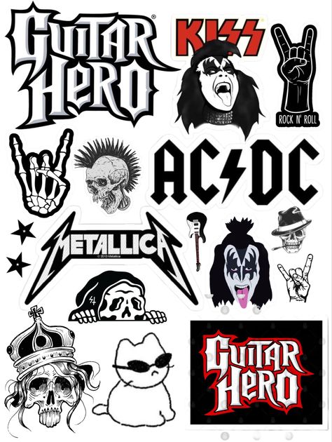 Rockstar Aesthetic Stickers, Slipknot Stickers Printable, Guitar Stickers Ideas, Grunge Stickers, Stickers Rock, Music Birthday Party, Logos Retro, Guitar Stickers, Vintage Instagram