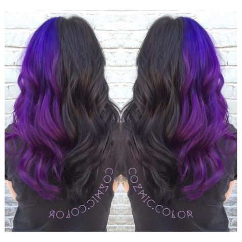 Purple And Black Hair, Half Colored Hair, Grey Balayage, Half Dyed Hair, Half And Half Hair, Split Dye, Split Dyed Hair, Hair Color Streaks, Hair Streaks