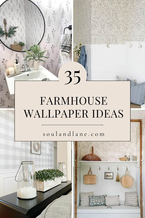 These designs, featuring classic patterns such as gingham, plaid, and toile, evoke a sense of nostalgia and warmth, perfect for creating a cozy, welcoming home. Look for wallpapers with motifs of farm animals, barns, and pastoral scenes to add character and a touch of whimsy to your space. Textured wallpapers, mimicking materials like wood, stone, or burlap, can enhance the farmhouse aesthetic, bringing an authentic feel to modern and traditional interiors alike. Incorporate these farmhouse wall Farmhouse Wallpaper Living Room Accent Wall, Farmhouse Plaid Wallpaper, Rustic Wallpaper Accent Wall Bathroom, Farmhouse Bathroom With Wallpaper Accent Wall, Small Farmhouse Bathroom Wallpaper, Half Bathroom Wallpaper Ideas Farmhouse, Farmhouse Living Room Wallpaper, Farmhouse Wallpaper Living Room, Wood Wallpaper Bathroom