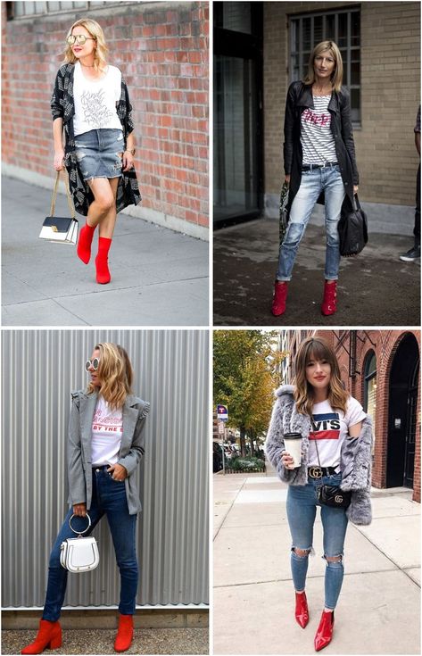 d72fbbccd9fe64c3a14f85d225a046f4desc50974257ri How To Style Red Sneakers, Outfit Botines Rojos, Red Booties Outfit Winter, Red Boot Outfit Ideas, Red Booties Outfit, Ankle Booties Outfit, Red Boots Outfit, Casual Oufits, Outfit Botas