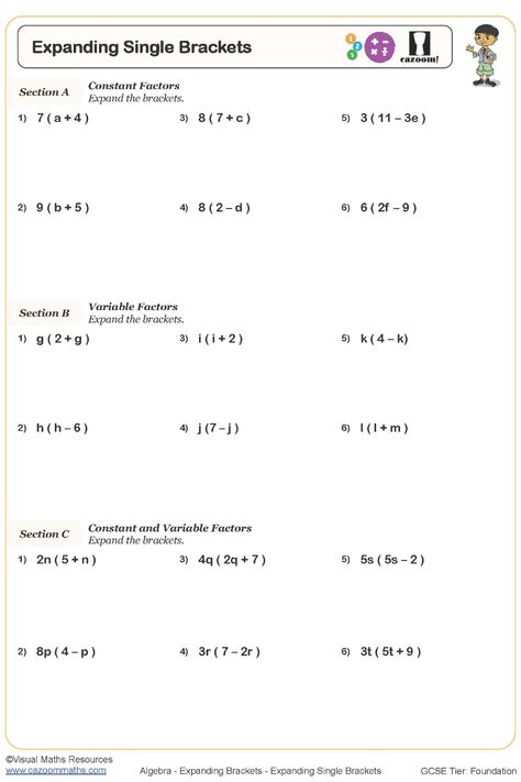 The Expanding Single Brackets Worksheet offers numerous opportunities for students to hone their skills in expanding brackets. With flexibility in the methods used, students can choose the approach that suits them best. This practice resource is beneficial for reinforcing understanding and mastery of this algebraic concept. It encourages independent thinking and problem-solving while enhancing proficiency in expanding brackets efficiently. Engage your learners with this comprehensive worksheet t Year 9 Maths Worksheets, Ks3 Maths Worksheets, Year 8 Maths Worksheets, Ks1 Maths Worksheets, Year 6 Maths Worksheets, Year 2 Maths Worksheets, Year 5 Maths Worksheets, Year 7 Maths Worksheets, Year 4 Maths Worksheets