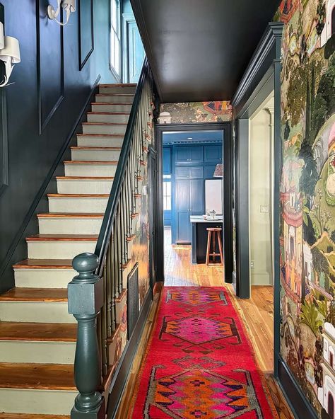 Gray Benko (@graybenko) • Instagram photos and videos Colourful Hallway, Gray Benko, Colorful Hallway, Foyer Paint Colors, Foyer Paint, Summit Homes, Dark Green Walls, Storage Ottomans, Hallway Inspiration