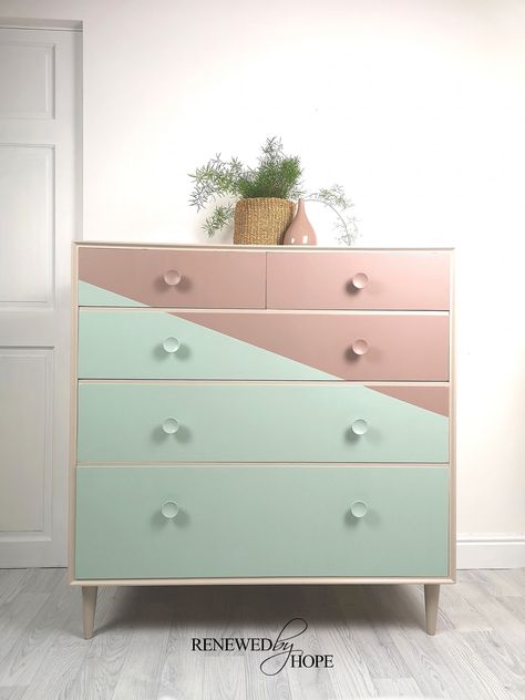 Mint Dresser, Chest Of Drawers Upcycle, Designing Furniture, Chest Of Drawers Makeover, Black Drawer Handles, Kids Chest Of Drawers, Pink Dresser, Large Chest Of Drawers, Unicorn Room