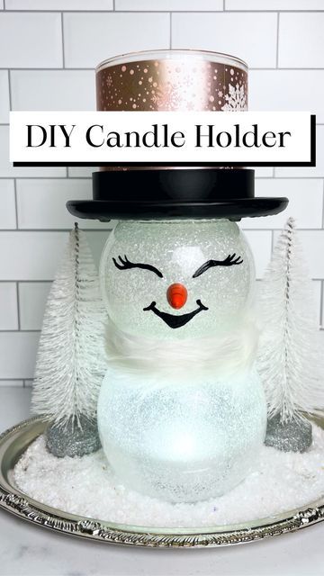 Christmas Vases With Lights, Diy Candles Holders Ideas, Repurpose Bath And Body Candle Jars Christmas, Snowman Candles Diy Dollar Stores, Bath And Body Works Candle Holder Diy, Diy Dollar Store Christmas Candles, Diy Dollar Tree Night Light, Dollar Tree Hot Glue Holder, Candle Covers Diy