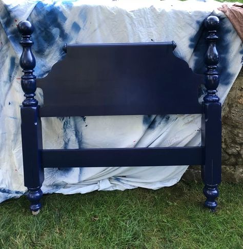 How to Paint a Bed Frame For a Durable and Stylish Finish - Kaitlin Madden Home Blogger How To Paint A Bed Frame, Painted Bed Frames Ideas, Bed Frame Paint Ideas, Black Painted Headboard, Black Painted Bed, Painted Wood Bed Frame, Painted Bed Frame, Navy Painted Furniture, Painted Bed Frames