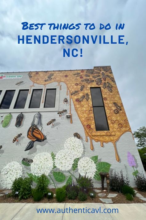 a mural on the side of a grey brick building depicting a large orange monarch butterfly and bees leading up to a honeycombed corner of the mural where bees gather around the queen. honey drips off the bottom of the mural and there are flowers below that. actual bushes are planted beneath the mural giving the mural a 3D feel to it. Hendersonville North Carolina, North Carolina Travel, Hendersonville Nc, Family Vacay, Mountain Travel, Asheville North Carolina, Greenville Sc, Asheville, Small Town