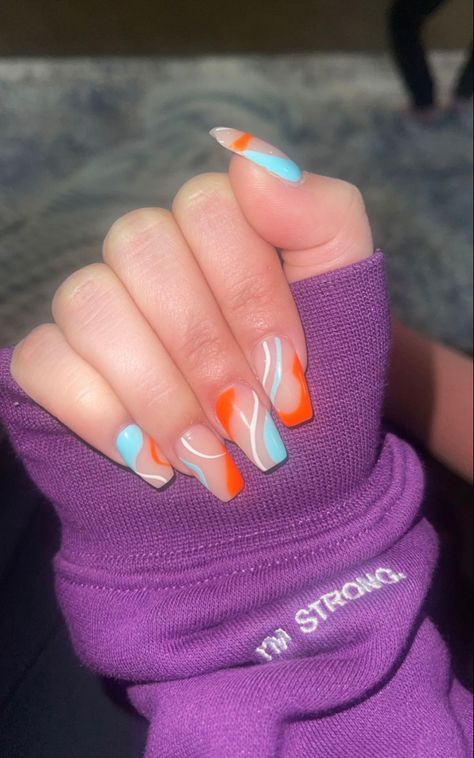 Nail Ideas Orange And Blue, Nails Acrylic Orange And Blue, Orange Snd Blue Nails, Bright Blue And Orange Nails, Orange And Blue Aesthetic Nails, Orange Turquoise Nails, Orange And Teal Nails Summer, Blue White Orange Nails, Blue Green Orange Nails