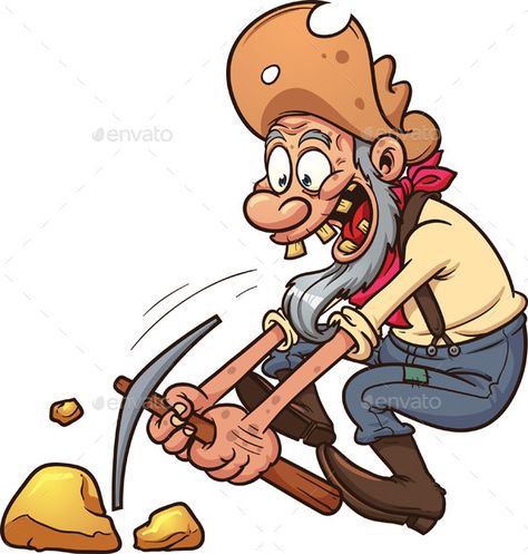 Happy gold miner using a pickaxe. Vector clip art illustration with simple gradients. All in a single layer. EPS10 file included. Gradient Illustration, Inkscape Tutorials, Gold Miners, Gold Prospecting, New Service, Sales Leads, Gold Mining, Art Et Illustration, Art And Illustration