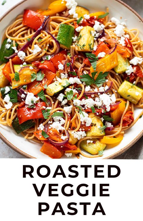 A flavor-packed and healthy pasta recipe with whole grain spaghetti, a rainbow of roasted vegetables, and ricotta salata cheese. Roasted Veggie Pasta, Pasta With Feta Cheese, Pasta With Feta, Healthy Pasta Recipe, Veggie Entrees, Mediterranean Vegetables, Carrot Pasta, Roasted Mediterranean Vegetables, Roasted Vegetable Pasta