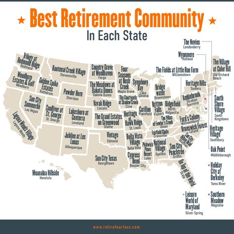 Looking for the best 55+ communities in the United States? Our experts have researched for you and present the best places to retire in each state. 55 Plus Communities Retirement, 55+ Communities, How To Retire At 55, Best Place To Retire In The Us, Places To Retire United States, Where To Retire In The Us, Best States To Retire In, Best States To Live In, Best Places To Retire United States