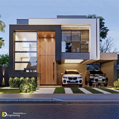 Top 51+ Modern House Design Ideas With Perfect Garage Car For 2022 - Engineering Discoveries 2 Storey House Design, Modern Exterior House, Modern Small House Design, Architectural Engineering, House Facades, Modern House Facades, Architect Design House, Modern Exterior House Designs, Duplex House Design