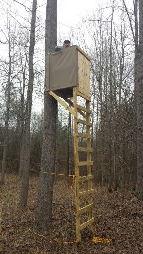 DIY Ladder deer stand.                                                                                                                                                     More Homemade Tree Stand, Homemade Deer Blinds, Deer Blind Plans, Tree Stand Hunting, Deer Hunting Stands, Hunting Shack, Deer Stand Plans, Shooting House, Hunting Stands