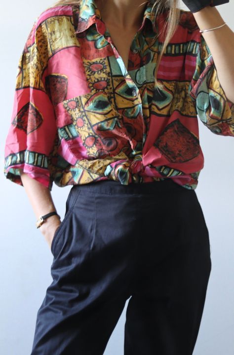 80s Button Up Shirt Outfit, Funky Shirt Outfit, Colorful Button Up Shirt Outfit, Fun Button Up Shirt, 80s Shirts Women, Oversized Button Down Shirt Outfit, Hawaiian Shirt Outfit, Silk Button Up Shirt, Oc Fashion