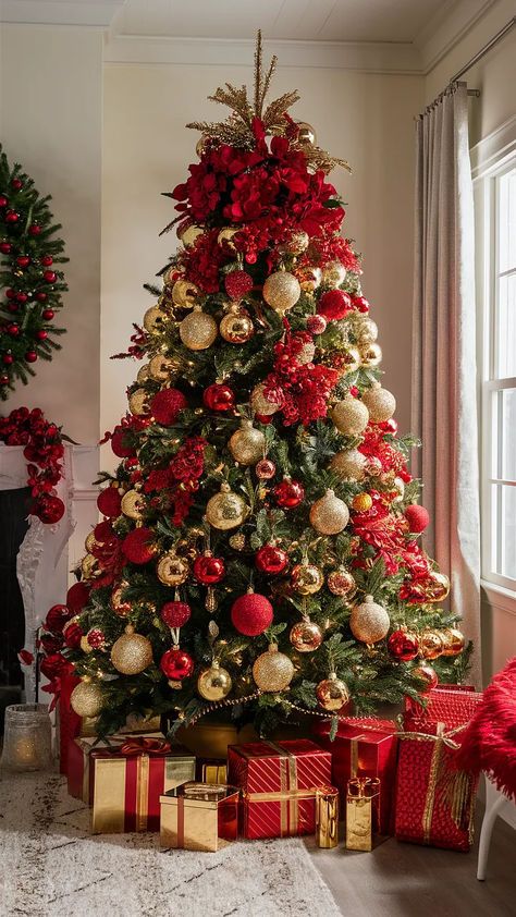 Red Christmas Tree Ideas, Gold And Red Christmas, Gold Christmas Tree Ideas, Red And Gold Christmas, Red Gold Christmas, Christmas Tree Decorating Themes, Jewelry Christmas Tree, Christmas Yard Decorations, Red Christmas Tree