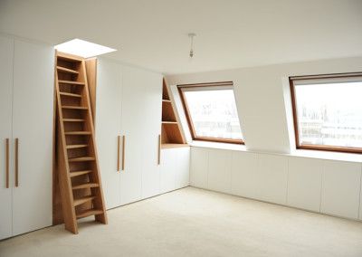 Loft Conversion Kentish Town North London NW5 Attic Makeover, Contemporary Closet, Kentish Town, Loft Conversions, Loft Stairs, Small Attic, Attic Conversion, Loft Ladder, Attic Design