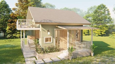 Tiny Houses With Loft, Tiny House Bungalow Style, Tiny House Pictures, Mini House In Backyard, Bungalow With Loft Floor Plans, Cottage Loft Ideas, Small House With Loft Floor Plans, Tiny House With 2 Bedrooms, Tiny House 2 Floors