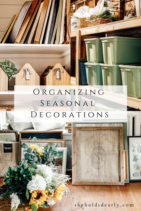 Organizing Seasonal Decor by sheholdsdearly.com Vintage Organization, She Holds Dearly, Thrifting Tips, Christmas Decoration Storage, Seasonal Wall Decor, Holiday Storage, Vintage Shelf, The Home Edit, Organization Decor