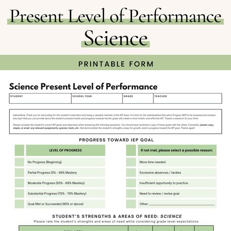 IEP Present Level of Performance Form - Science Student Strengths, Iep Writing, Special Education Organization, Special Education Law, Middle School Special Education, High School Special Education, Homework Incentives, Circle Math, Special Education Elementary