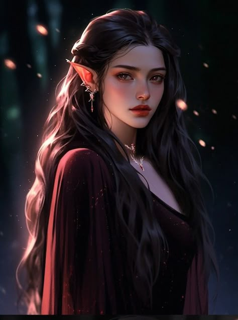 Elf With Black Hair Female, Black Hair Elf Female Art, Dark Haired Elf, Elf With Black Hair, Black Haired Elf, Elf Dnd Female, Elf Black Hair, Fae Drawings, Fae Female